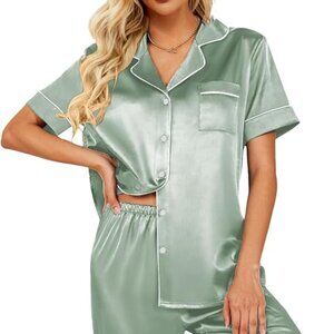 Satin Short-Sleeve Pajama Set in Light Sage Green
